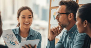 Equipe de marketing analisando dados e planejando estratégias para maximizar a presença online de negócios no Instagram.