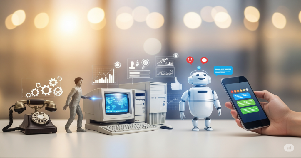 Linha do tempo visual da evolução dos chatbots, de um telefone antigo com tela simples a um smartphone com holograma 3D, simbolizando sua sofisticação crescente.