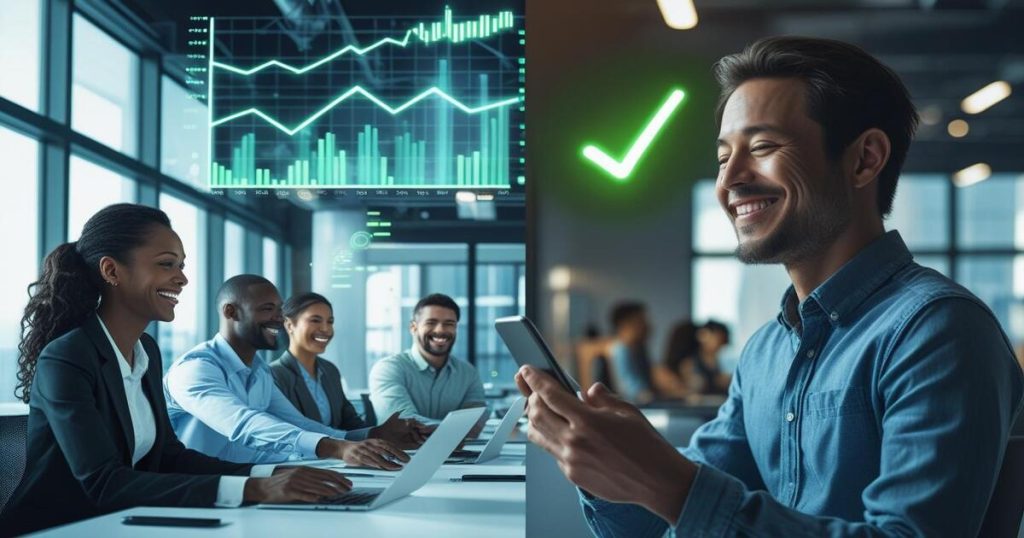 Imagem dividida mostrando uma empresa próspera e um usuário satisfeito, simbolizando os benefícios da implementação de chatbots para ambos.