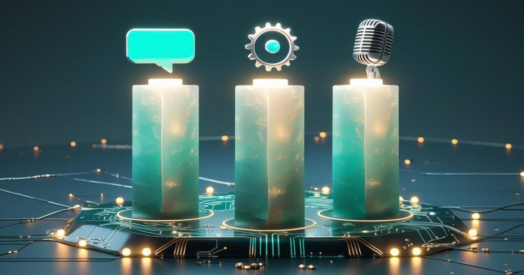 Três pilares de luz com ícones de balão de fala, engrenagem e microfone, representando os pilares de compreensão, processamento e resposta de um chatbot.