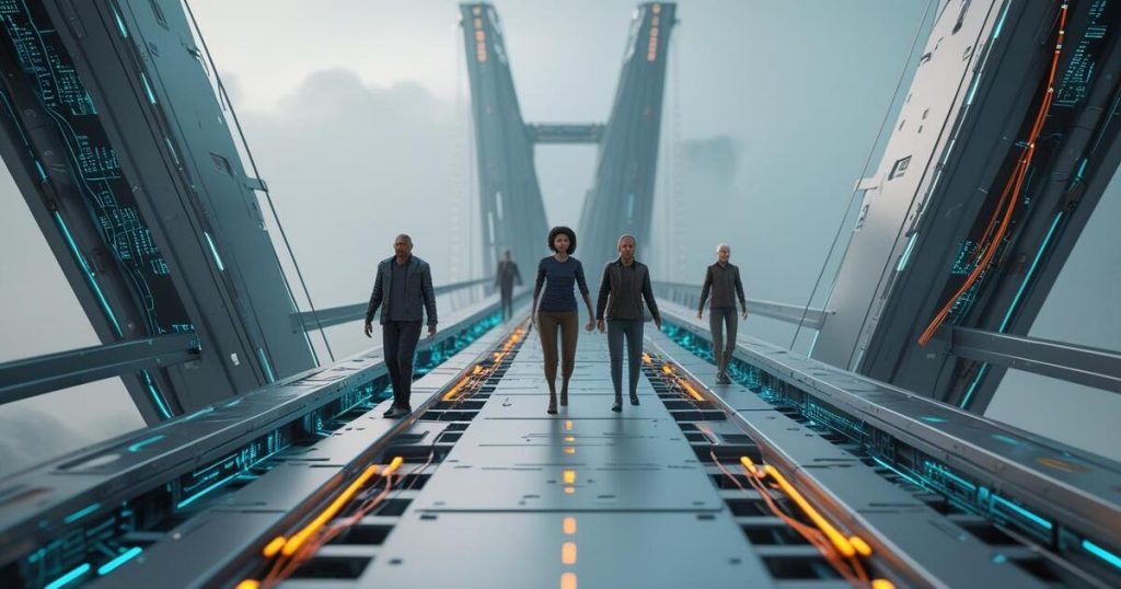 Ponte digital futurista com lacunas e fios expostos, e pequenas figuras tentando atravessá-la, representando os desafios na implementação de chatbots.