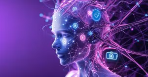 Uma representação visual abstrata e extremamente detalhada, com um fundo roxo vibrante, simbolizando a integração entre ferramentas de marketing e a inteligência emocional de uma marca. Elementos futuristas e luminosos, como redes neurais e ícones de marketing estilizados, entrelaçam-se para ilustrar a extensão da inteligência emocional no marketing digital.