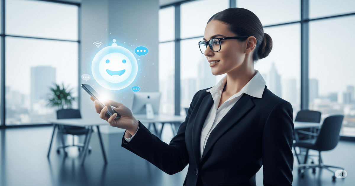 O Que É Chatbot? Guia Completo para Entender e Aplicar essa Tecnologia Uma bela executiva interagindo naturalmente por meio de um celular com um chatbot representado por um orbe de luz em um escritório moderno, simbolizando a facilidade da comunicação.