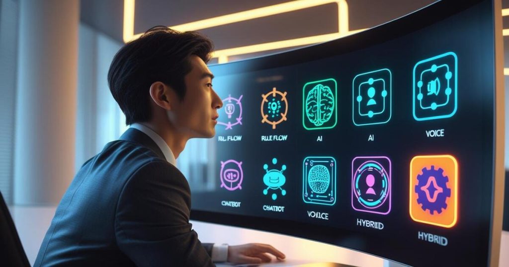 Pessoa em escritório moderno observa monitor exibindo ícones holográficos vibrantes de chatbots: fluxo de regras, IA, voz e híbrido. Destaque para ambiente futurista e fascinação com capacidades de chatbot.
