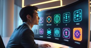 Pessoa em escritório moderno observa monitor exibindo ícones holográficos vibrantes de chatbots: fluxo de regras, IA, voz e híbrido. Destaque para ambiente futurista e fascinação com capacidades de chatbot.