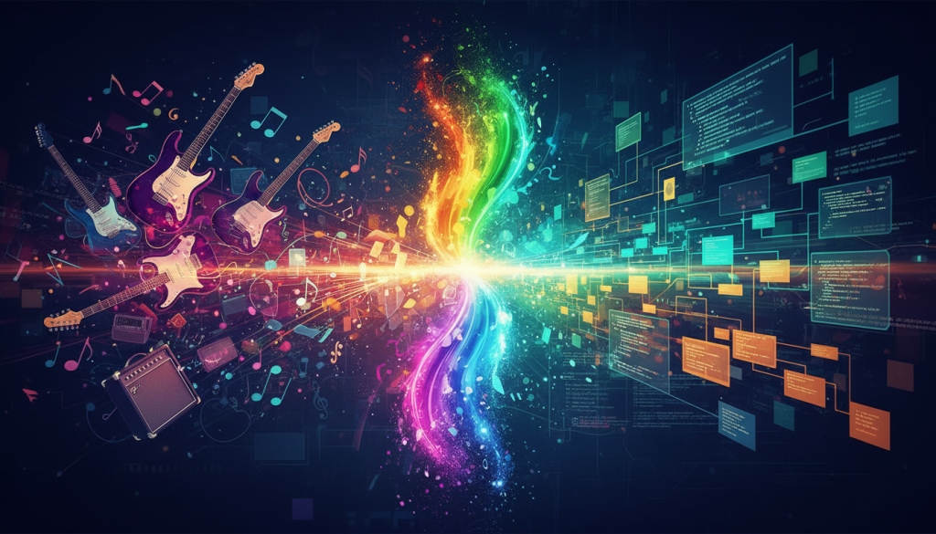 Ilustração conceitual que relaciona riffs musicais com arquitetura de software, simbolizando criatividade no desenvolvimento de código.
