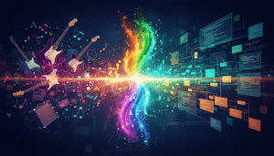 Ilustração conceitual que relaciona riffs musicais com arquitetura de software, simbolizando criatividade no desenvolvimento de código.