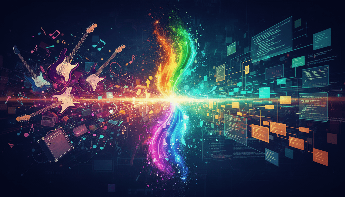 Empresa de Desenvolvimento de Software em SP: Sistemas e Squads Sob Medida Ilustração conceitual que relaciona riffs musicais com arquitetura de software, simbolizando criatividade no desenvolvimento de código.