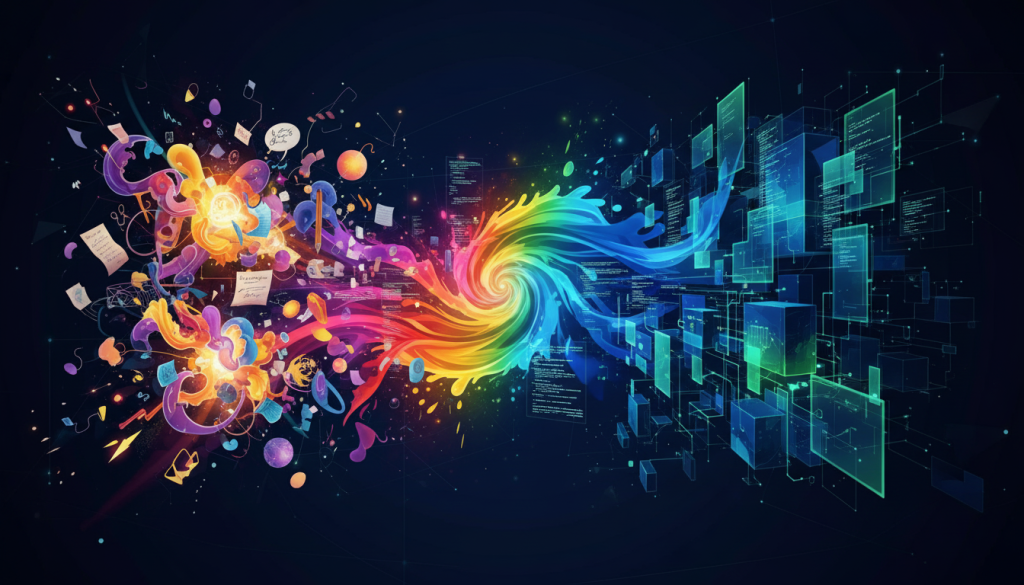 Visual que mostra a evolução de uma ideia inicial até um sistema estruturado de software.