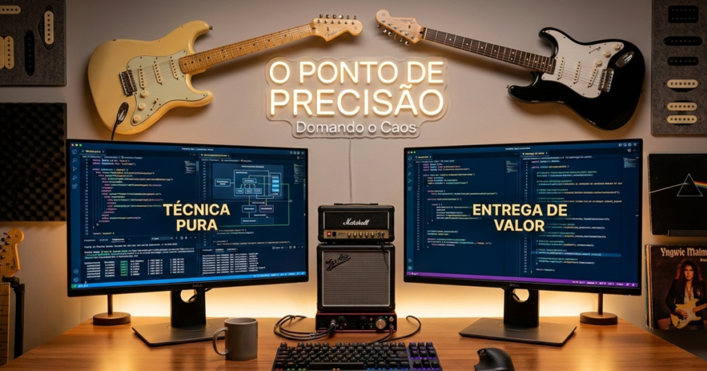 Nesta composição "Rock n' Code", representamos visualmente o seu conceito: O Setup Dual: Dois monitores que mostram o equilíbrio. O monitor da esquerda simboliza a Técnica Pura (Malmsteen) com código complexo e diagramas. O da direita representa a Entrega de Valor (Gilmour) com foco em UX e métricas. As Guitarras: Acima dos monitores, penduradas na parede, estão as duas Stratocasters icônicas: a creme (Malmsteen) e a preta (Gilmour). O Título: Um letreiro de neon na parede exibe "O Ponto de Precisão", com o subtítulo "Domando o Caos" logo abaixo. A Atmosfera: Amplificadores Marshall e Fender em miniatura no centro do desk, cabos e um teclado mecânico, unindo os dois mundos.